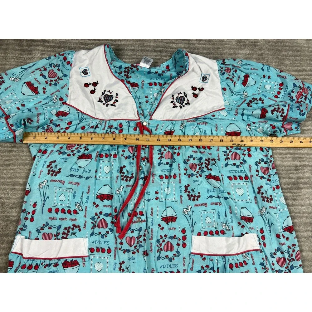 Moon Dance House Dress Women L Blue Fruit Hearts Snap Front Vintage Duster 93124 - Picture 7 of 13